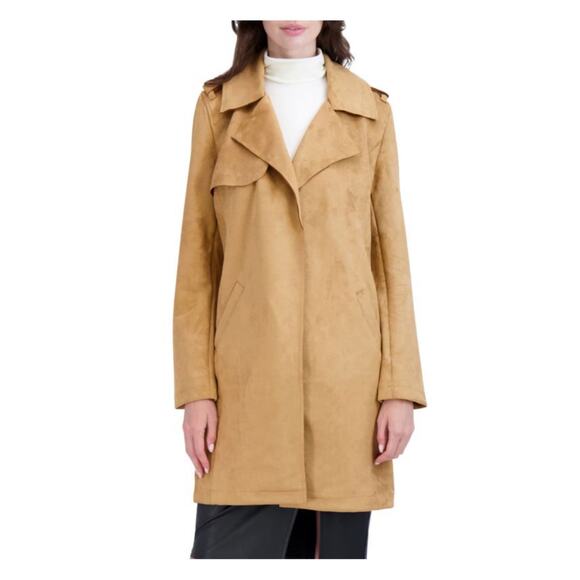 Ookie & LaLa Tan Scuba Suede Open Front Neutral Layer Mid Length Jacket L - Picture 1 of 12